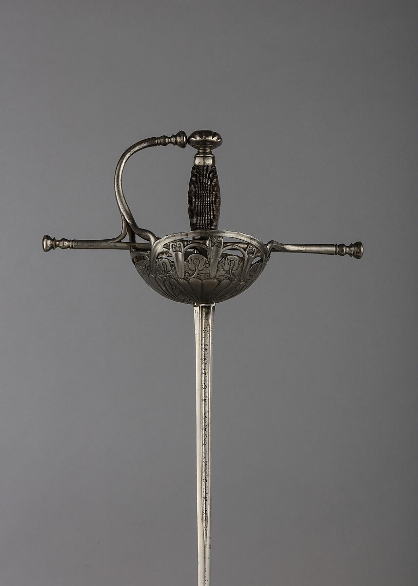 Cup-Hilted Rapier, Blade inscribed by Peter Tesche (German, Solingen, active mid-17th century), Steel, wood, iron, leather, German, Solingen; hilt, possibly Spanish 