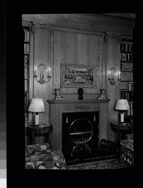 [Library Interior Showing Fireplace with Adjacent Bookshelfs and Armchairs], Walker Evans (American, St. Louis, Missouri 1903–1975 New Haven, Connecticut), Film negative 