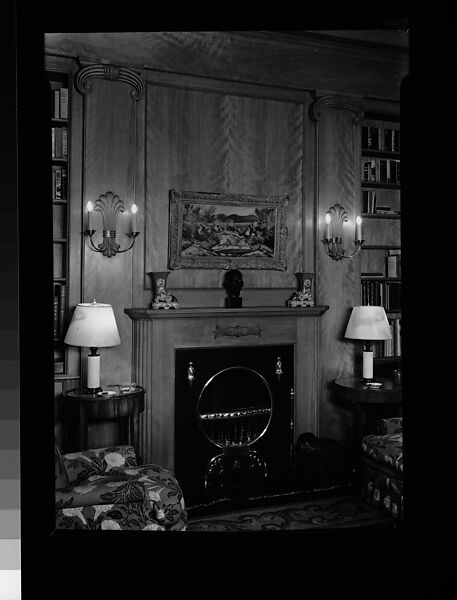 [Library Interior Showing Fireplace with Adjacent Bookshelfs and Armchairs], Walker Evans (American, St. Louis, Missouri 1903–1975 New Haven, Connecticut), Film negative 