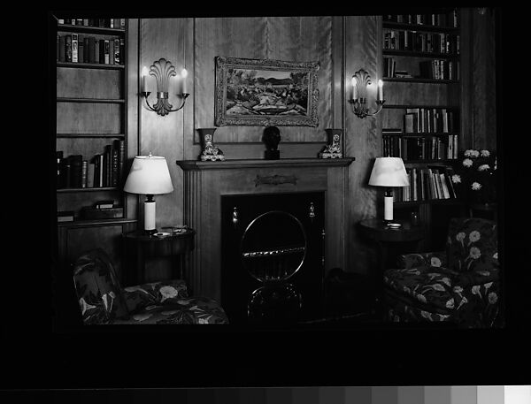 [Library Interior Showing Fireplace with Adjacent Bookshelfs and Armchairs], Walker Evans (American, St. Louis, Missouri 1903–1975 New Haven, Connecticut), Film negative 