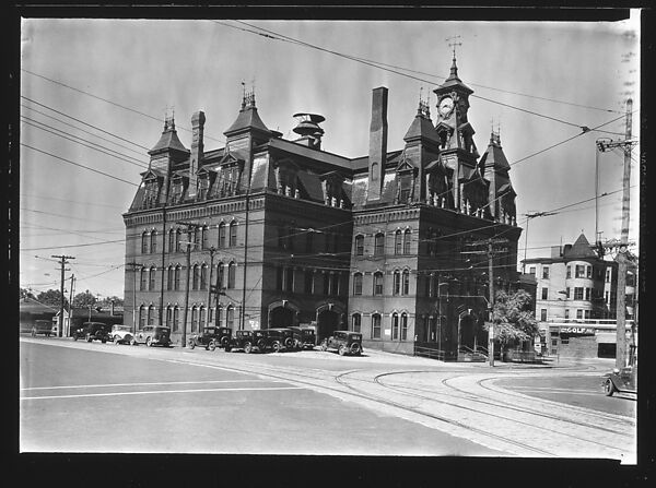 [Gothic Revival Building with Clocktower, Police Station, Cambridge, Massachusetts]