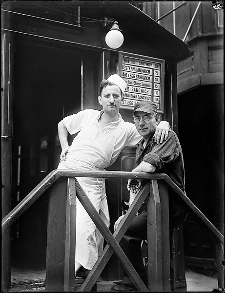 [Short Order Cook and Worker in Lunchroom Doorway on Second Avenue, New York City], Walker Evans (American, St. Louis, Missouri 1903–1975 New Haven, Connecticut), Glass negative 
