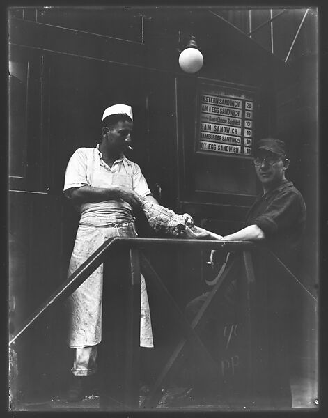 [Short Order Cook and Worker Playing Tug-of-War with Raw Meat Outside Lunchroom Doorway on Second Avenue, New York City], Walker Evans (American, St. Louis, Missouri 1903–1975 New Haven, Connecticut), Glass negative 