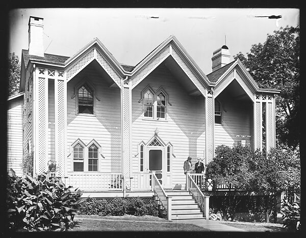 [Triple Gabled Gothic Revival House with Two Men on Porch, Nyack, New York], Walker Evans (American, St. Louis, Missouri 1903–1975 New Haven, Connecticut), Glass negative 