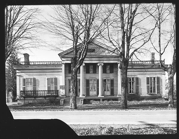 [Greek Revival House with Cast Iron Railing on Roof and Balconies, Near Waterville, New York], Walker Evans (American, St. Louis, Missouri 1903–1975 New Haven, Connecticut), Glass negative 