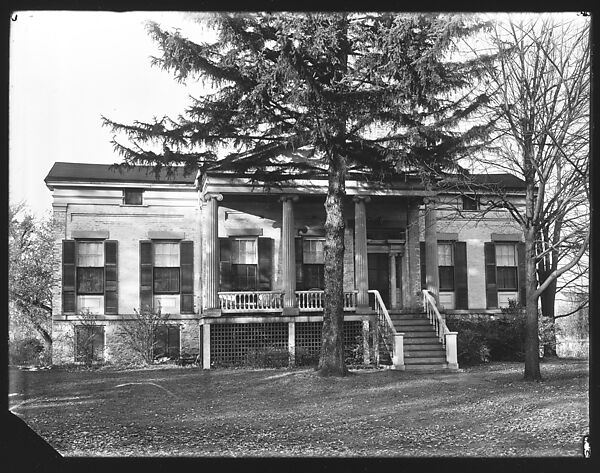 [Brick Greek Revival House with Pine Tree in Front, New York], Walker Evans (American, St. Louis, Missouri 1903–1975 New Haven, Connecticut), Glass negative 