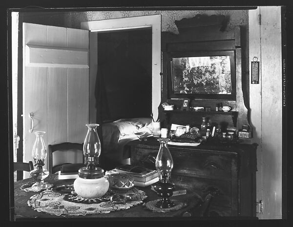 [Interior with Dressing Stand and Table with Three Kerosene Lamps, Possibly Copake, New York], Walker Evans (American, St. Louis, Missouri 1903–1975 New Haven, Connecticut), Film negative 