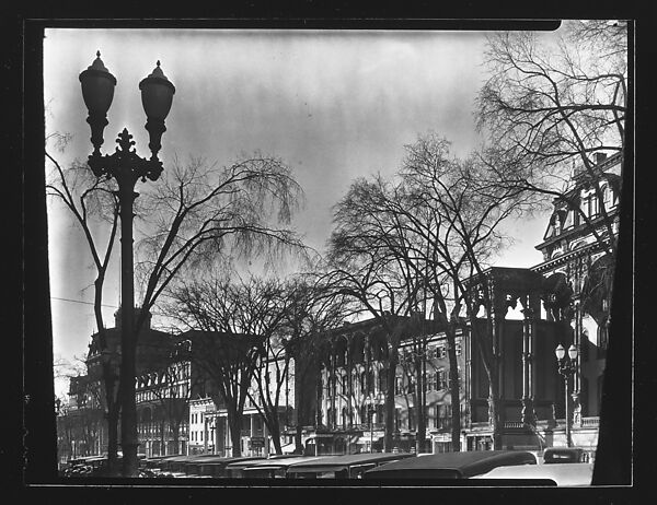 [Hotels and Parked Cars on Broadway with Street Lamp in Foreground, Saratoga Springs, New York], Walker Evans (American, St. Louis, Missouri 1903–1975 New Haven, Connecticut), Film negative 