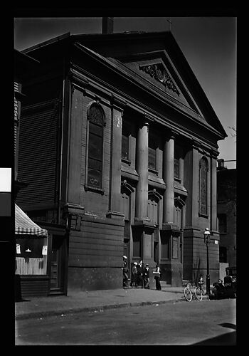 [Oblique View of Greek Revival Church with Children on Sidewalk, East Boston, Massachusetts]