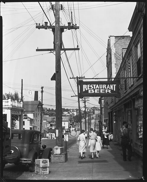 [Sidewalk Scene with Pedestrians and Restaurant Sign, Main Street, Mt. Pleasant, Pennsylvania], Walker Evans (American, St. Louis, Missouri 1903–1975 New Haven, Connecticut), Film negative 
