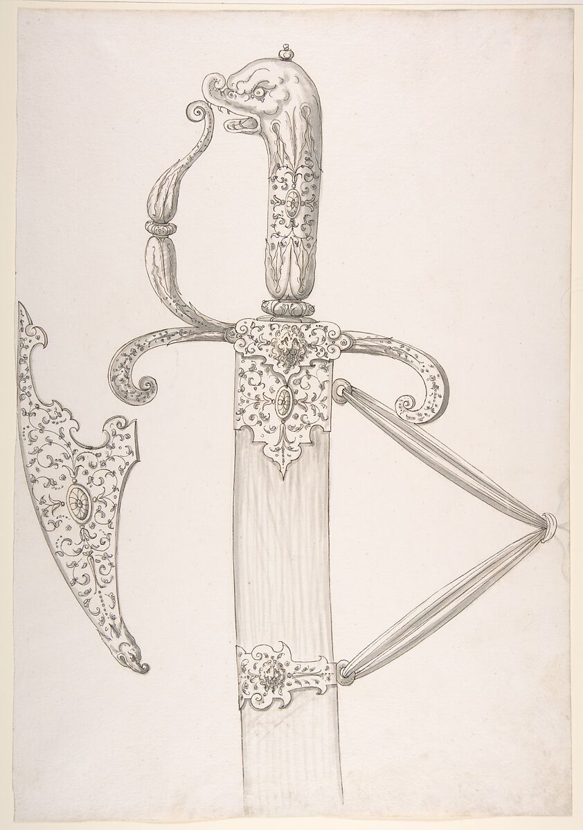 Drawing of Design for Sword Hilt and Tip of Scabbard (Dolphin-Head Grip), Ink on paper, German 
