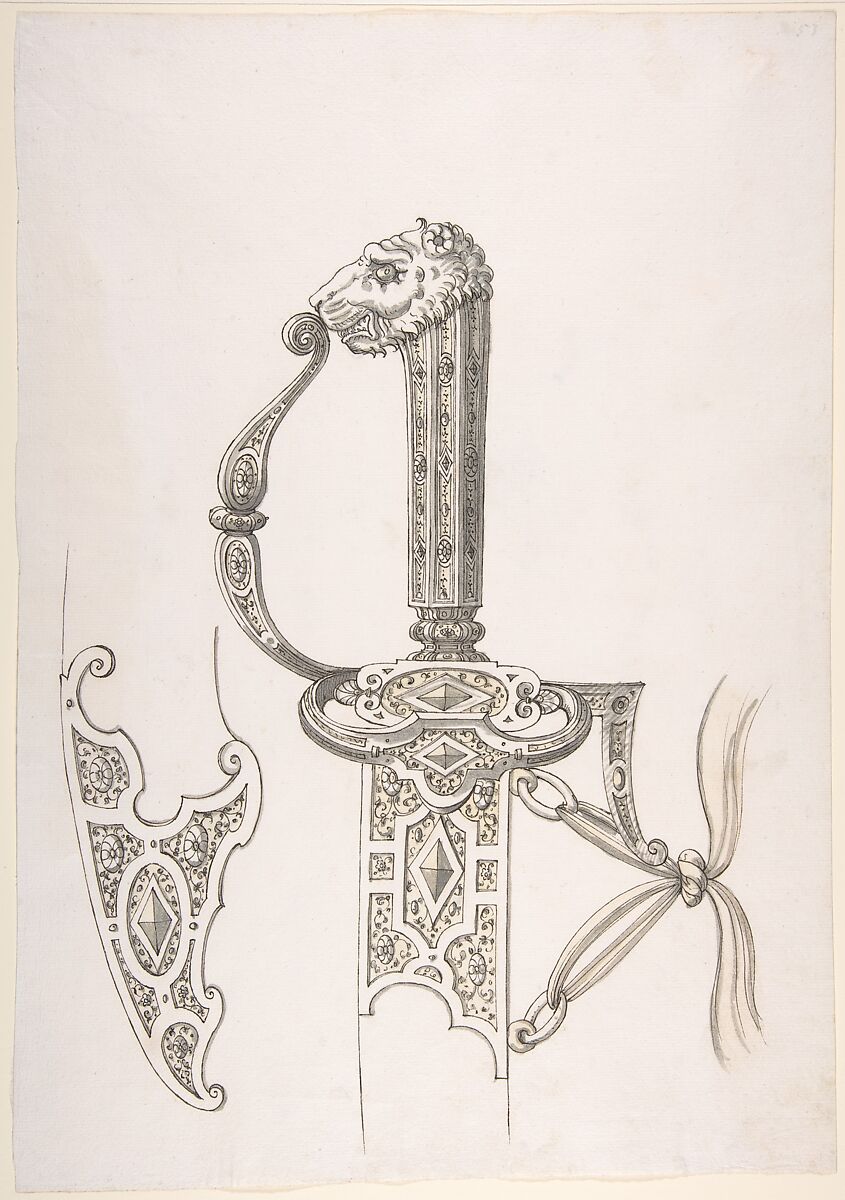 Drawing of Design for Sword Hilt and Tip of Scabbard (Lion-Head Grip), Ink on paper, German 