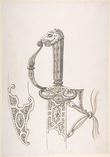 Drawing of Design for Sword Hilt and Tip of Scabbard (Lion-Head Grip)