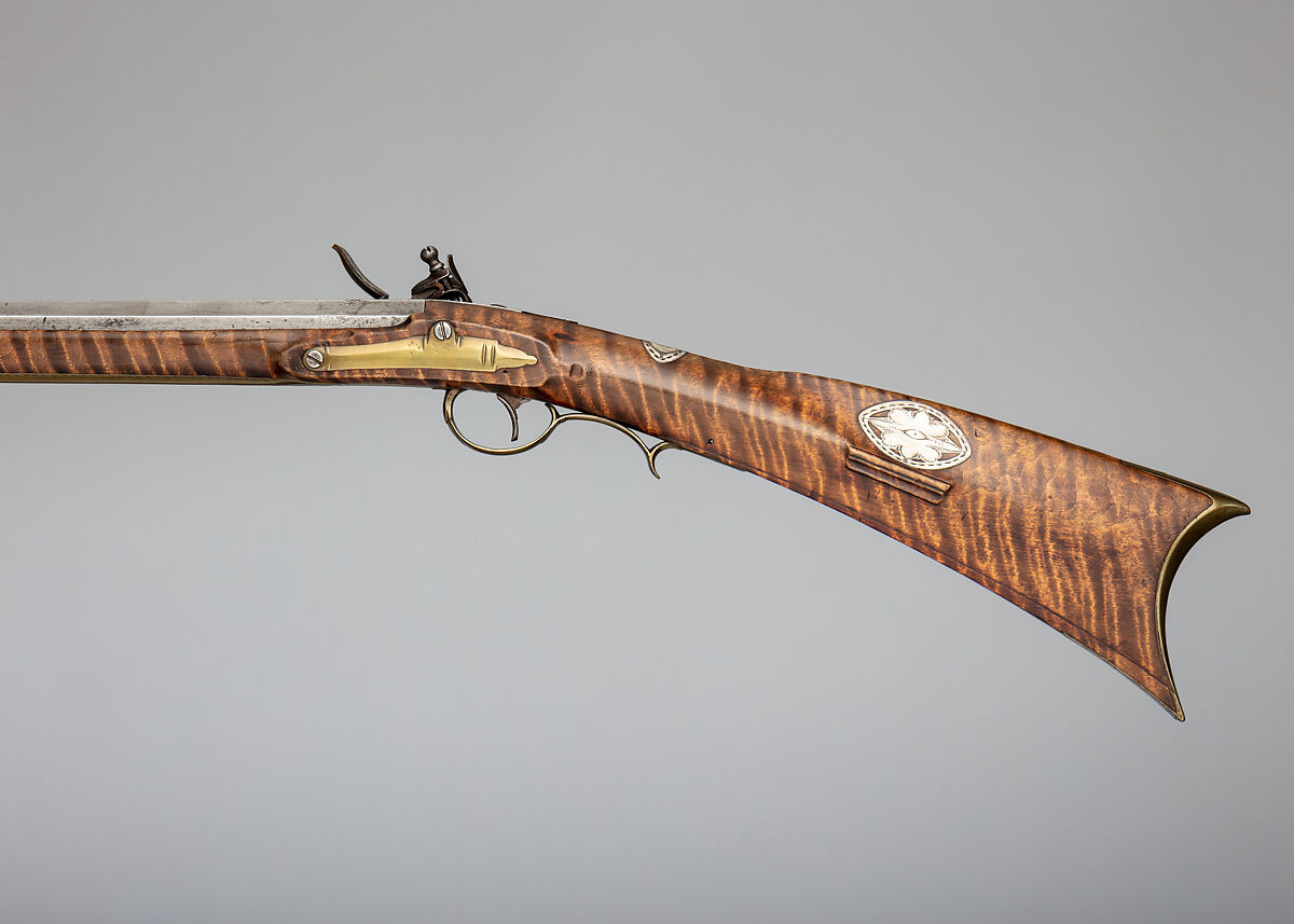 American Longrifle, Nicholas Hawk (American, Pennsylvania 1782–1844), Steel, wood (curly maple, ash), brass, silver, American, Gilbert, Northampton County (now Monroe County), Pennsylvania