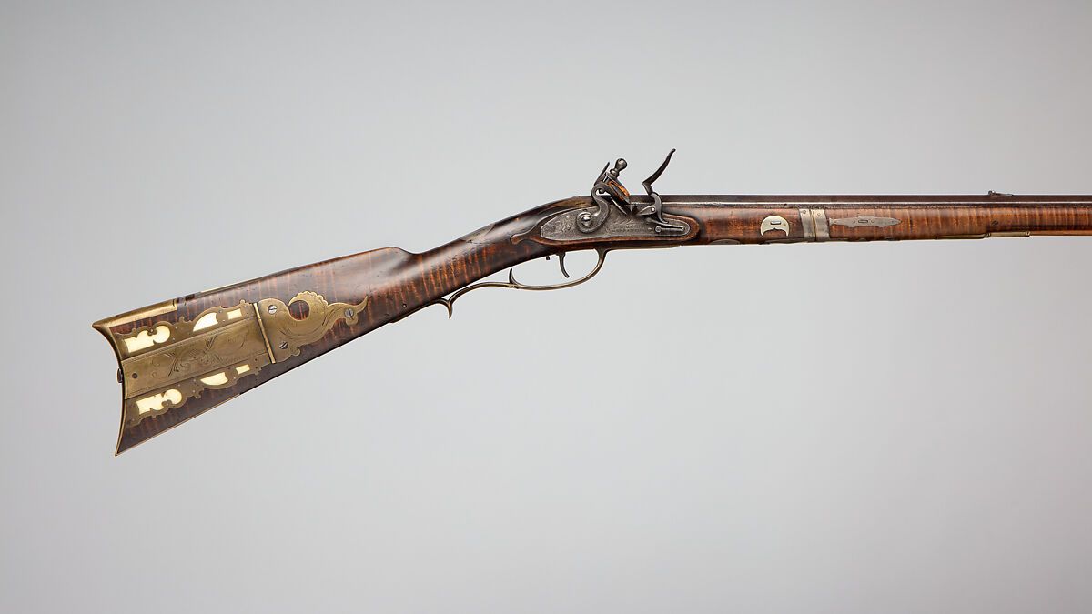 Flintlock Longrifle, Possibly by Samuel Baum Sr. (American, Bucks County, Pennsylvania 1769–1842 New Berlin, Pennsylvania), Steel, wood (curly maple, ash), brass, silver, bone, American, New Berlin, Union County, Pennsylvania 