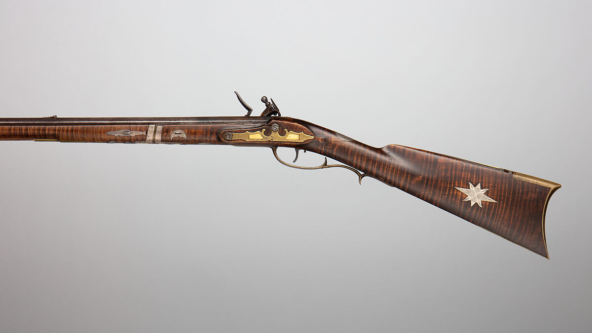 Flintlock Longrifle, Possibly by Samuel Baum Sr. (American, Bucks County, Pennsylvania 1769–1842 New Berlin, Pennsylvania), Steel, wood (curly maple, ash), brass, silver, bone, American, New Berlin, Union County, Pennsylvania