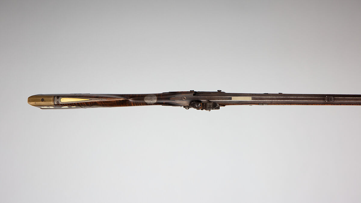 Flintlock Longrifle, Possibly by Samuel Baum Sr. (American, Bucks County, Pennsylvania 1769–1842 New Berlin, Pennsylvania), Steel, wood (curly maple, ash), brass, silver, bone, American, New Berlin, Union County, Pennsylvania