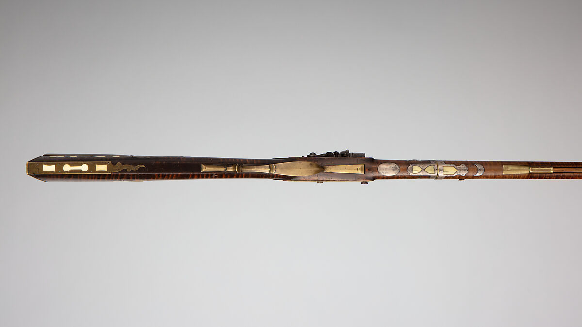 Flintlock Longrifle, Possibly by Samuel Baum Sr. (American, Bucks County, Pennsylvania 1769–1842 New Berlin, Pennsylvania), Steel, wood (curly maple, ash), brass, silver, bone, American, New Berlin, Union County, Pennsylvania