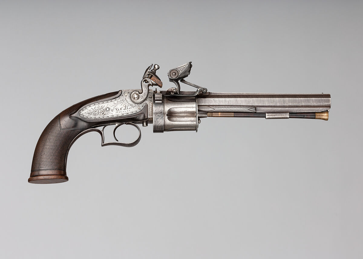 Collier Second Model Five-Shot Flintlock Revolver, Patented by Elisha Haydon Collier (American, Boston 1788–1856 Boston), Steel, wood (walnut, rosewood), silver, brass, British, London 