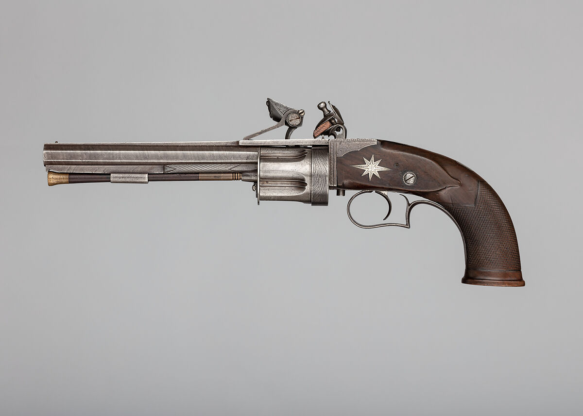 Collier Second Model Five-Shot Flintlock Revolver, Patented by Elisha Haydon Collier (American, Boston 1788–1856 Boston), Steel, wood (walnut, rosewood), silver, brass, British, London