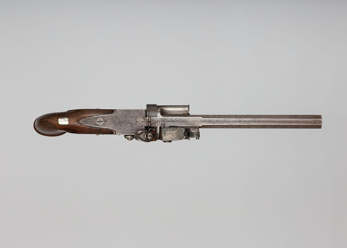 Collier Second Model Five-Shot Flintlock Revolver, Patented by Elisha Haydon Collier (American, Boston 1788–1856 Boston), Steel, wood (walnut, rosewood), silver, brass, British, London