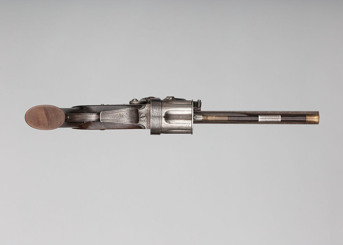 Collier Second Model Five-Shot Flintlock Revolver, Patented by Elisha Haydon Collier (American, Boston 1788–1856 Boston), Steel, wood (walnut, rosewood), silver, brass, British, London