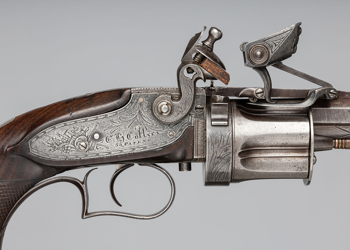 Collier Second Model Five-Shot Flintlock Revolver, Patented by Elisha Haydon Collier (American, Boston 1788–1856 Boston), Steel, wood (walnut, rosewood), silver, brass, British, London
