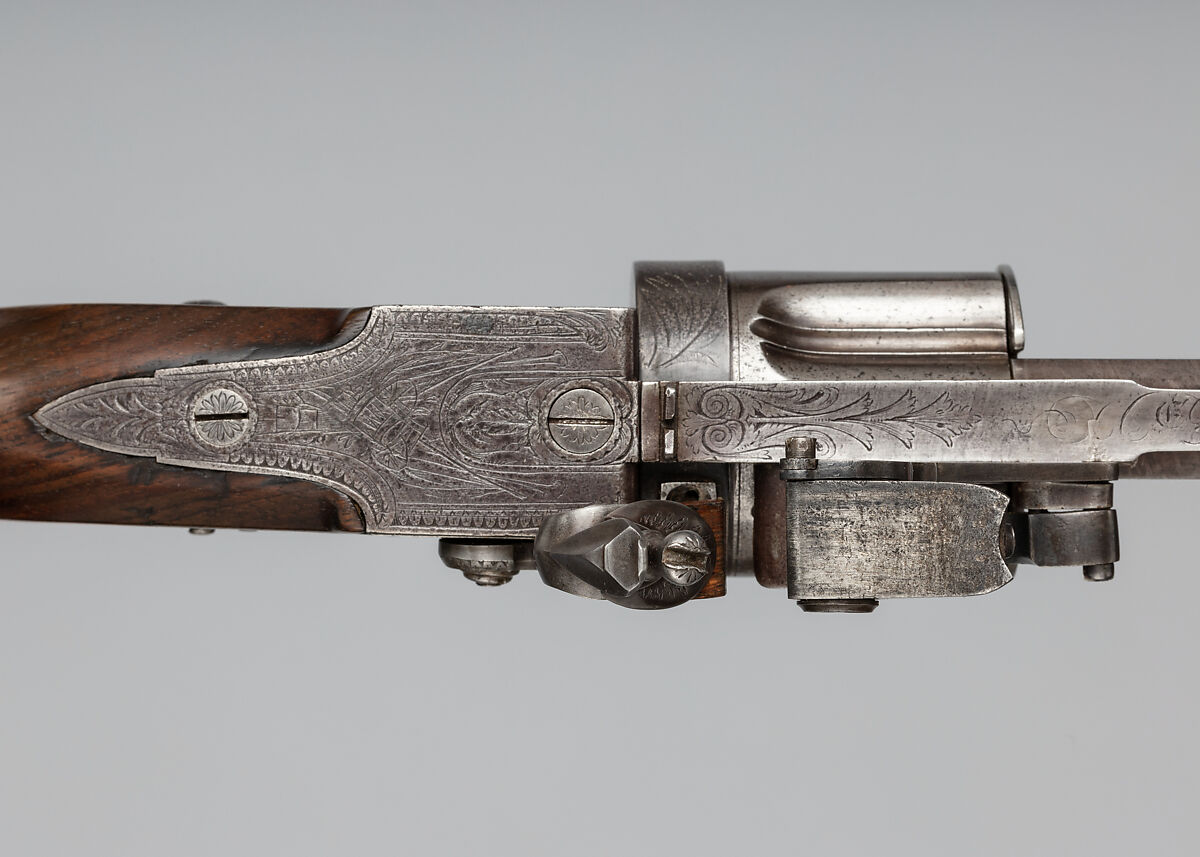 Collier Second Model Five-Shot Flintlock Revolver, Patented by Elisha Haydon Collier (American, Boston 1788–1856 Boston), Steel, wood (walnut, rosewood), silver, brass, British, London
