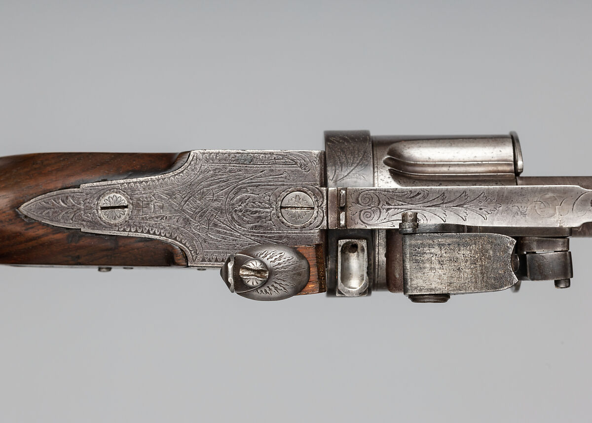 Collier Second Model Five-Shot Flintlock Revolver, Patented by Elisha Haydon Collier (American, Boston 1788–1856 Boston), Steel, wood (walnut, rosewood), silver, brass, British, London
