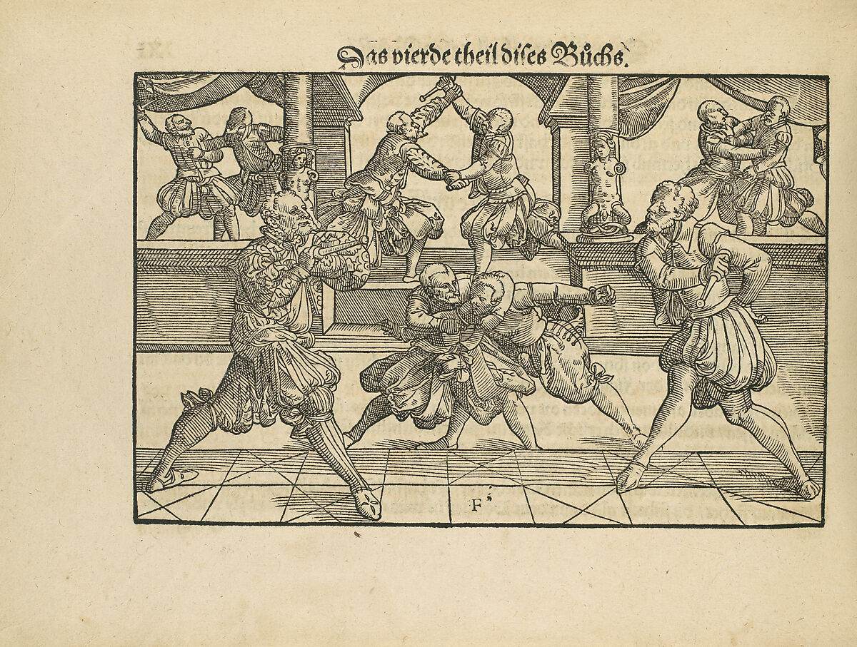 Gründtliche Beschreibung der freyen ritterlichen unnd adelichen Kunst des Fechtens in allerley gebreuchlichen Wehren mit vil schönen und nützlichen Figuren gezieret und fürgestellet (A Thorough Description of the Free Knightly and Noble Art of Fencing, in All the Typical Guards, Adorned and Arranged with Many Beautiful and Useful Figures), Joachim Meyer (German, active 16th–17th century), Ink, paper, German, Strasbourg