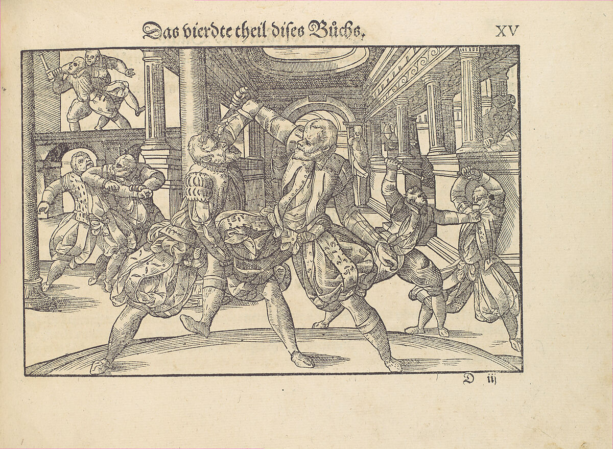 Gründtliche Beschreibung der freyen ritterlichen unnd adelichen Kunst des Fechtens in allerley gebreuchlichen Wehren mit vil schönen und nützlichen Figuren gezieret und fürgestellet (A Thorough Description of the Free Knightly and Noble Art of Fencing, in All the Typical Guards, Adorned and Arranged with Many Beautiful and Useful Figures), Joachim Meyer (German, active 16th–17th century), Ink, paper, German, Strasbourg