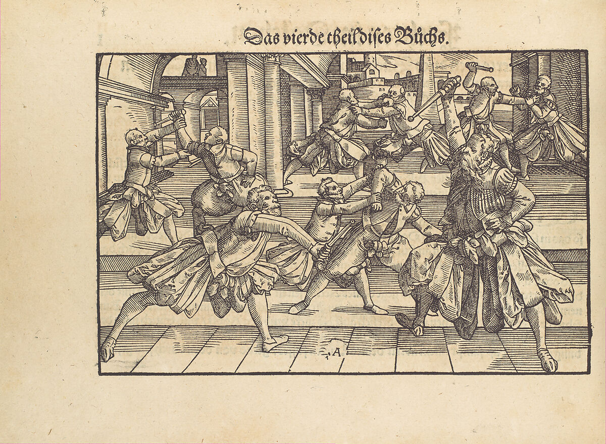 Gründtliche Beschreibung der freyen ritterlichen unnd adelichen Kunst des Fechtens in allerley gebreuchlichen Wehren mit vil schönen und nützlichen Figuren gezieret und fürgestellet (A Thorough Description of the Free Knightly and Noble Art of Fencing, in All the Typical Guards, Adorned and Arranged with Many Beautiful and Useful Figures), Joachim Meyer (German, active 16th–17th century), Ink, paper, German, Strasbourg