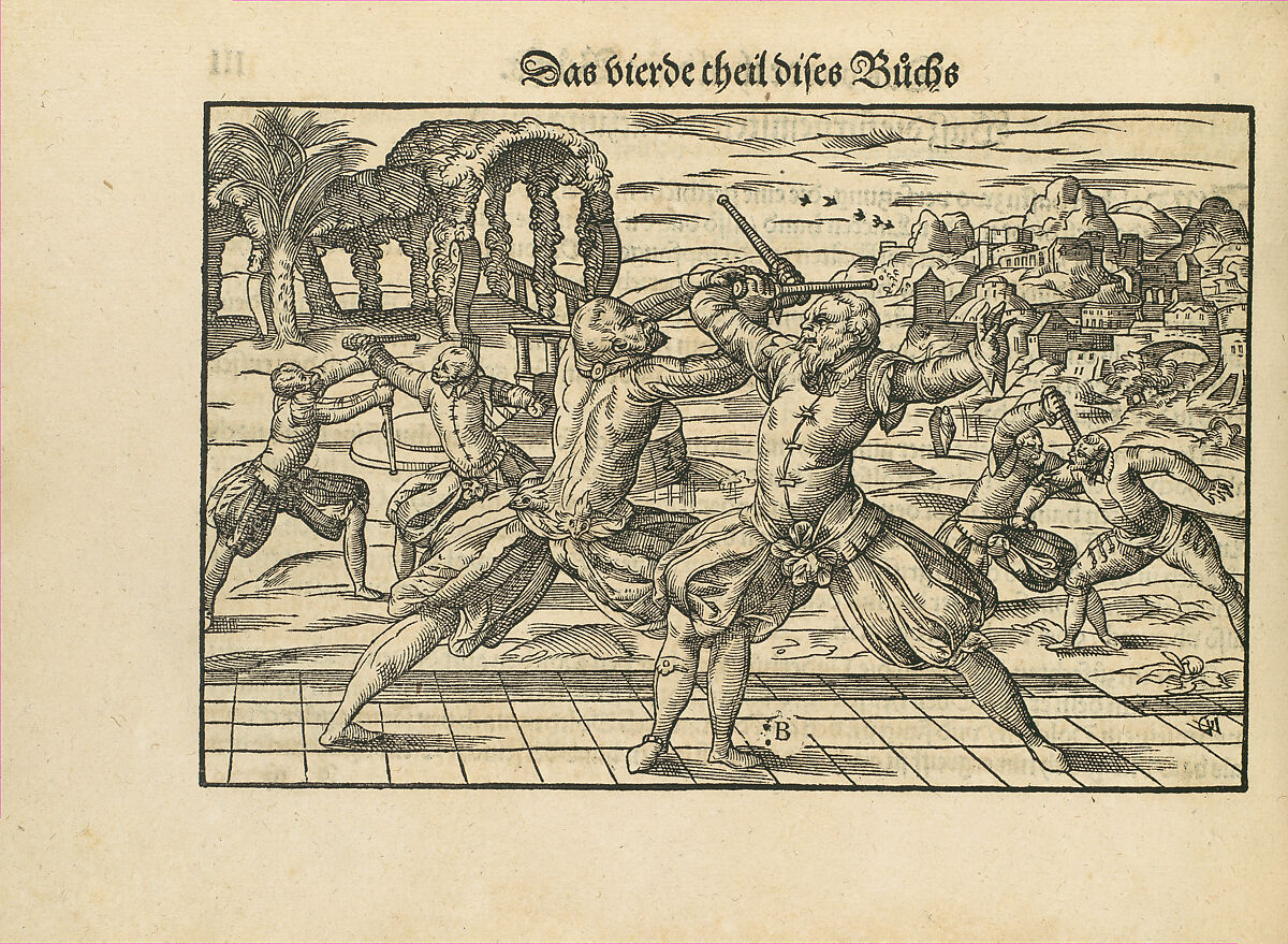 Gründtliche Beschreibung der freyen ritterlichen unnd adelichen Kunst des Fechtens in allerley gebreuchlichen Wehren mit vil schönen und nützlichen Figuren gezieret und fürgestellet (A Thorough Description of the Free Knightly and Noble Art of Fencing, in All the Typical Guards, Adorned and Arranged with Many Beautiful and Useful Figures), Joachim Meyer (German, active 16th–17th century), Ink, paper, German, Strasbourg