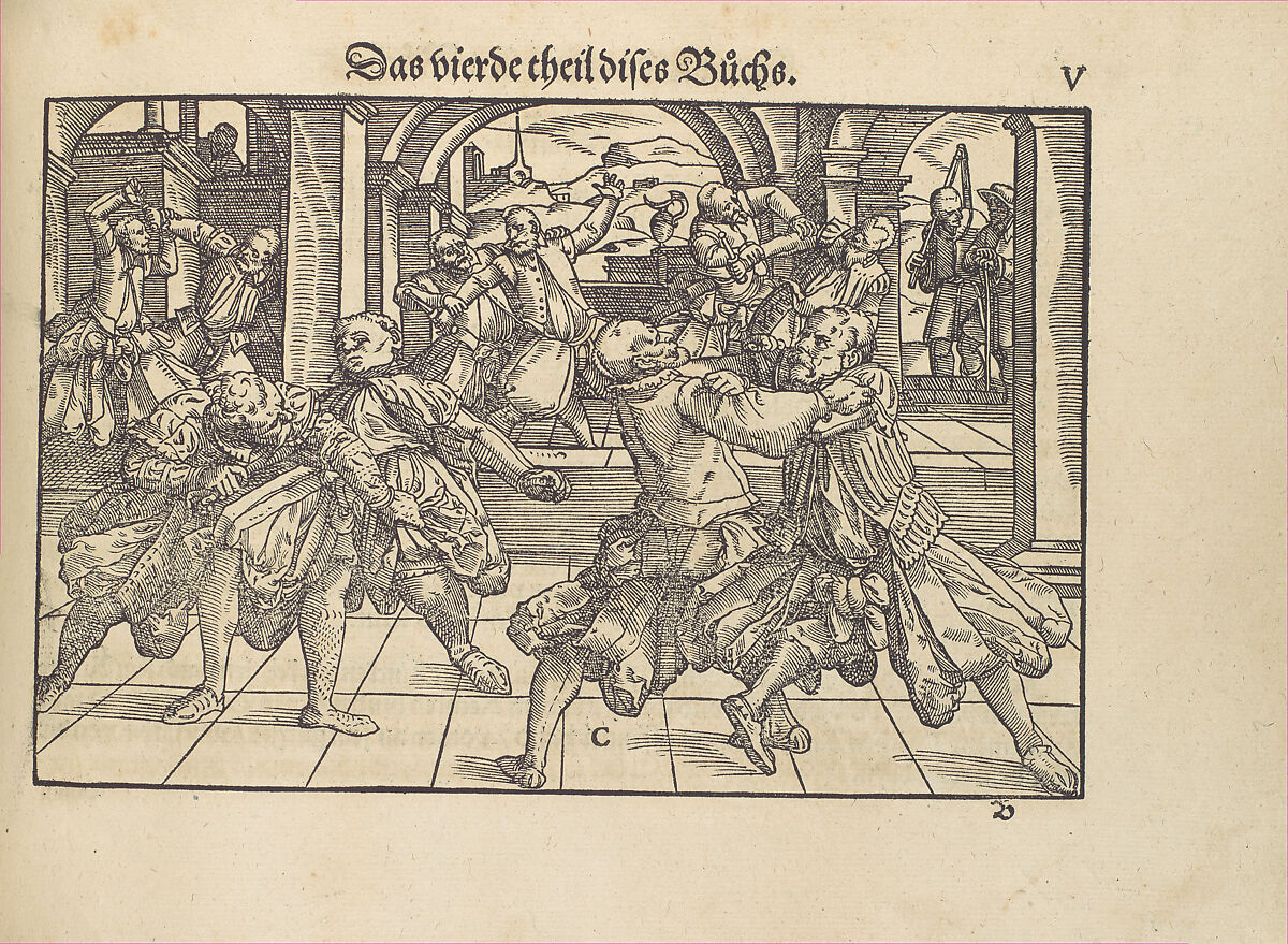 Gründtliche Beschreibung der freyen ritterlichen unnd adelichen Kunst des Fechtens in allerley gebreuchlichen Wehren mit vil schönen und nützlichen Figuren gezieret und fürgestellet (A Thorough Description of the Free Knightly and Noble Art of Fencing, in All the Typical Guards, Adorned and Arranged with Many Beautiful and Useful Figures), Joachim Meyer (German, active 16th–17th century), Ink, paper, German, Strasbourg
