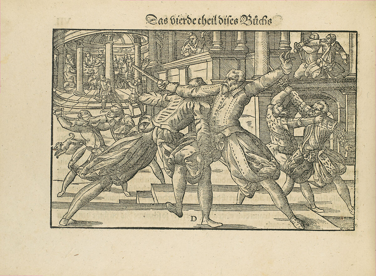 Gründtliche Beschreibung der freyen ritterlichen unnd adelichen Kunst des Fechtens in allerley gebreuchlichen Wehren mit vil schönen und nützlichen Figuren gezieret und fürgestellet (A Thorough Description of the Free Knightly and Noble Art of Fencing, in All the Typical Guards, Adorned and Arranged with Many Beautiful and Useful Figures), Joachim Meyer (German, active 16th–17th century), Ink, paper, German, Strasbourg