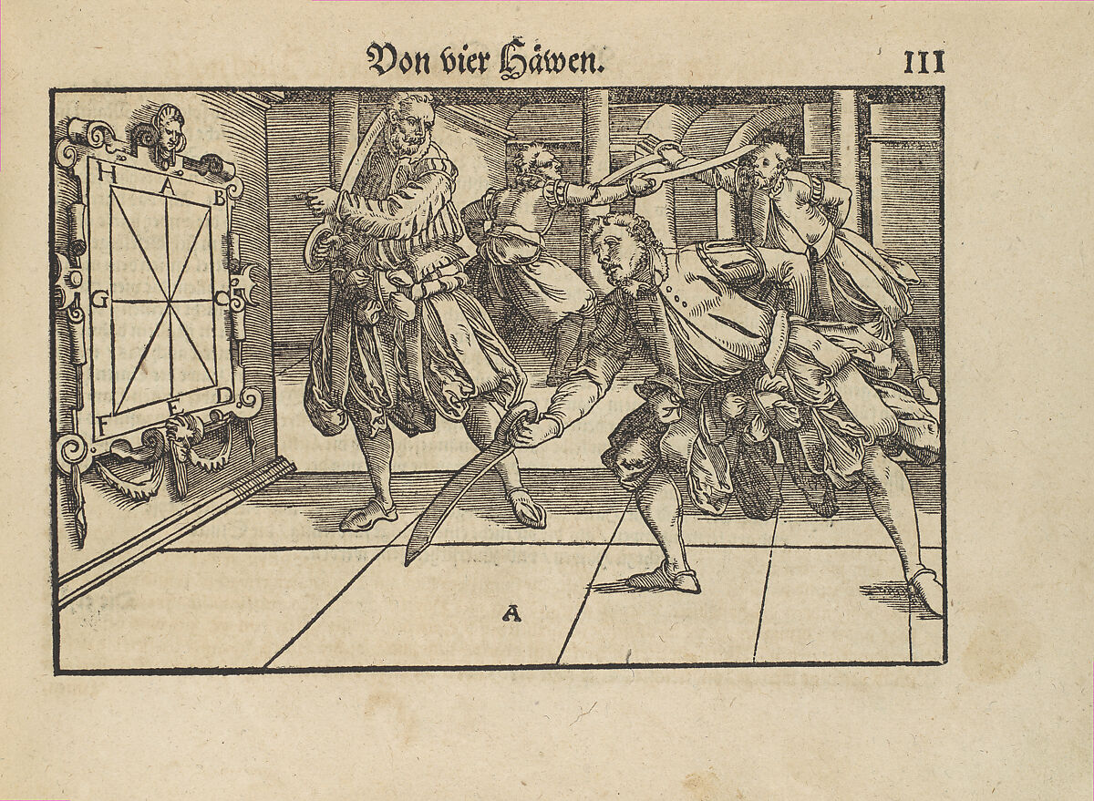 Gründtliche Beschreibung der freyen ritterlichen unnd adelichen Kunst des Fechtens in allerley gebreuchlichen Wehren mit vil schönen und nützlichen Figuren gezieret und fürgestellet (A Thorough Description of the Free Knightly and Noble Art of Fencing, in All the Typical Guards, Adorned and Arranged with Many Beautiful and Useful Figures), Joachim Meyer (German, active 16th–17th century), Ink, paper, German, Strasbourg
