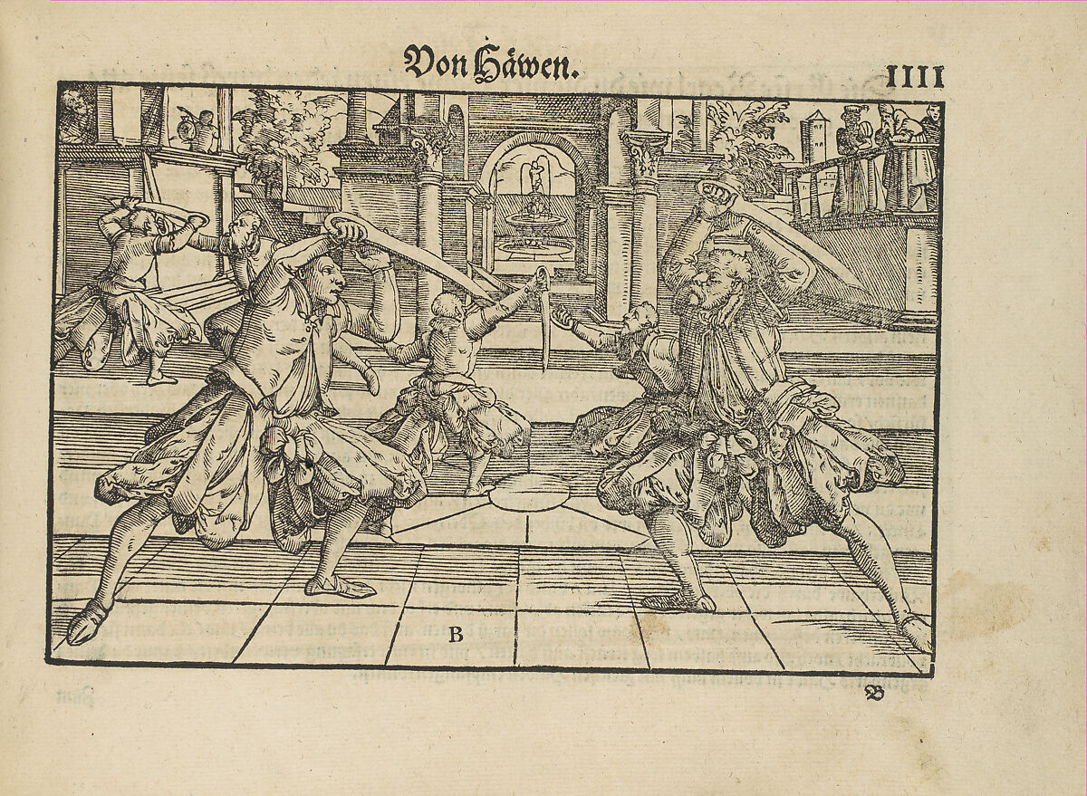 Gründtliche Beschreibung der freyen ritterlichen unnd adelichen Kunst des Fechtens in allerley gebreuchlichen Wehren mit vil schönen und nützlichen Figuren gezieret und fürgestellet (A Thorough Description of the Free Knightly and Noble Art of Fencing, in All the Typical Guards, Adorned and Arranged with Many Beautiful and Useful Figures), Joachim Meyer (German, active 16th–17th century), Ink, paper, German, Strasbourg