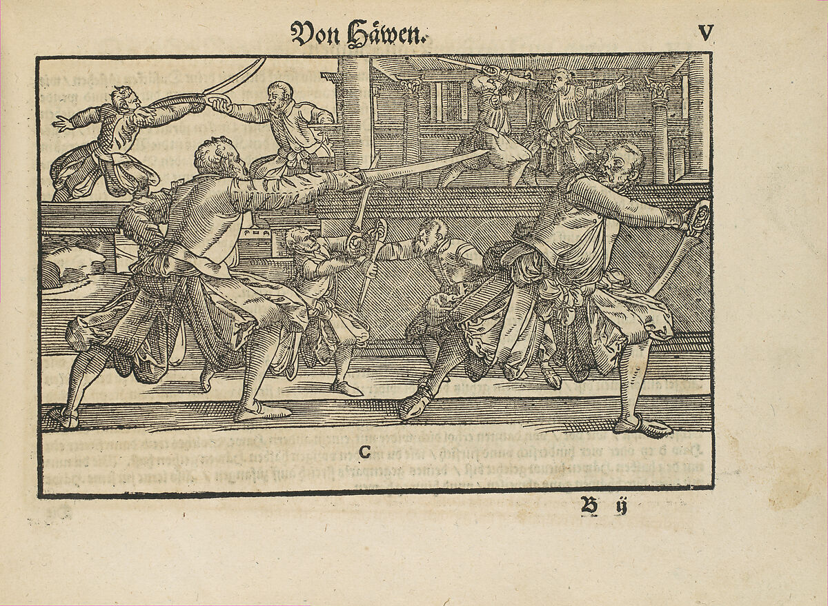 Gründtliche Beschreibung der freyen ritterlichen unnd adelichen Kunst des Fechtens in allerley gebreuchlichen Wehren mit vil schönen und nützlichen Figuren gezieret und fürgestellet (A Thorough Description of the Free Knightly and Noble Art of Fencing, in All the Typical Guards, Adorned and Arranged with Many Beautiful and Useful Figures), Joachim Meyer (German, active 16th–17th century), Ink, paper, German, Strasbourg