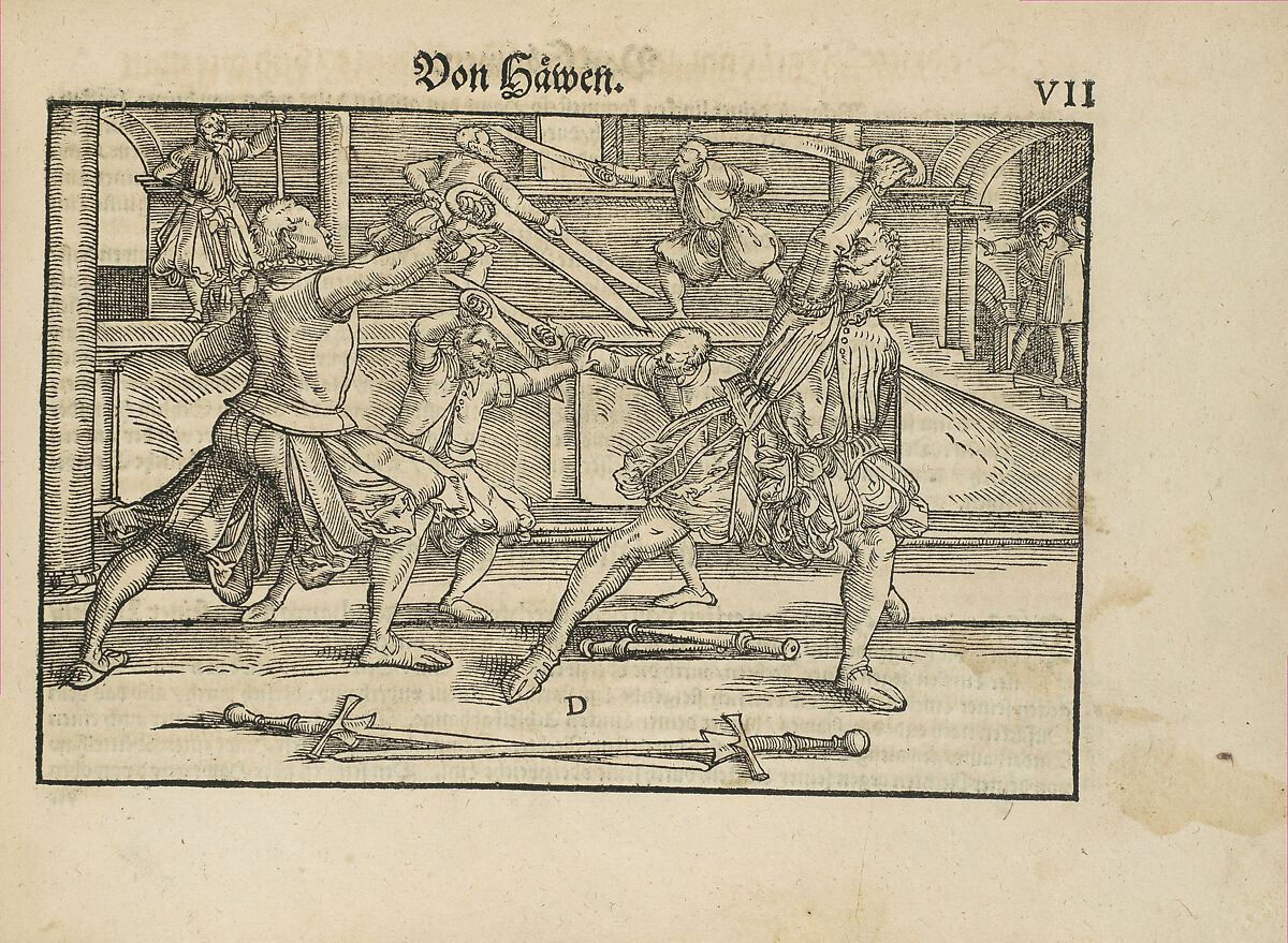 Gründtliche Beschreibung der freyen ritterlichen unnd adelichen Kunst des Fechtens in allerley gebreuchlichen Wehren mit vil schönen und nützlichen Figuren gezieret und fürgestellet (A Thorough Description of the Free Knightly and Noble Art of Fencing, in All the Typical Guards, Adorned and Arranged with Many Beautiful and Useful Figures), Joachim Meyer (German, active 16th–17th century), Ink, paper, German, Strasbourg