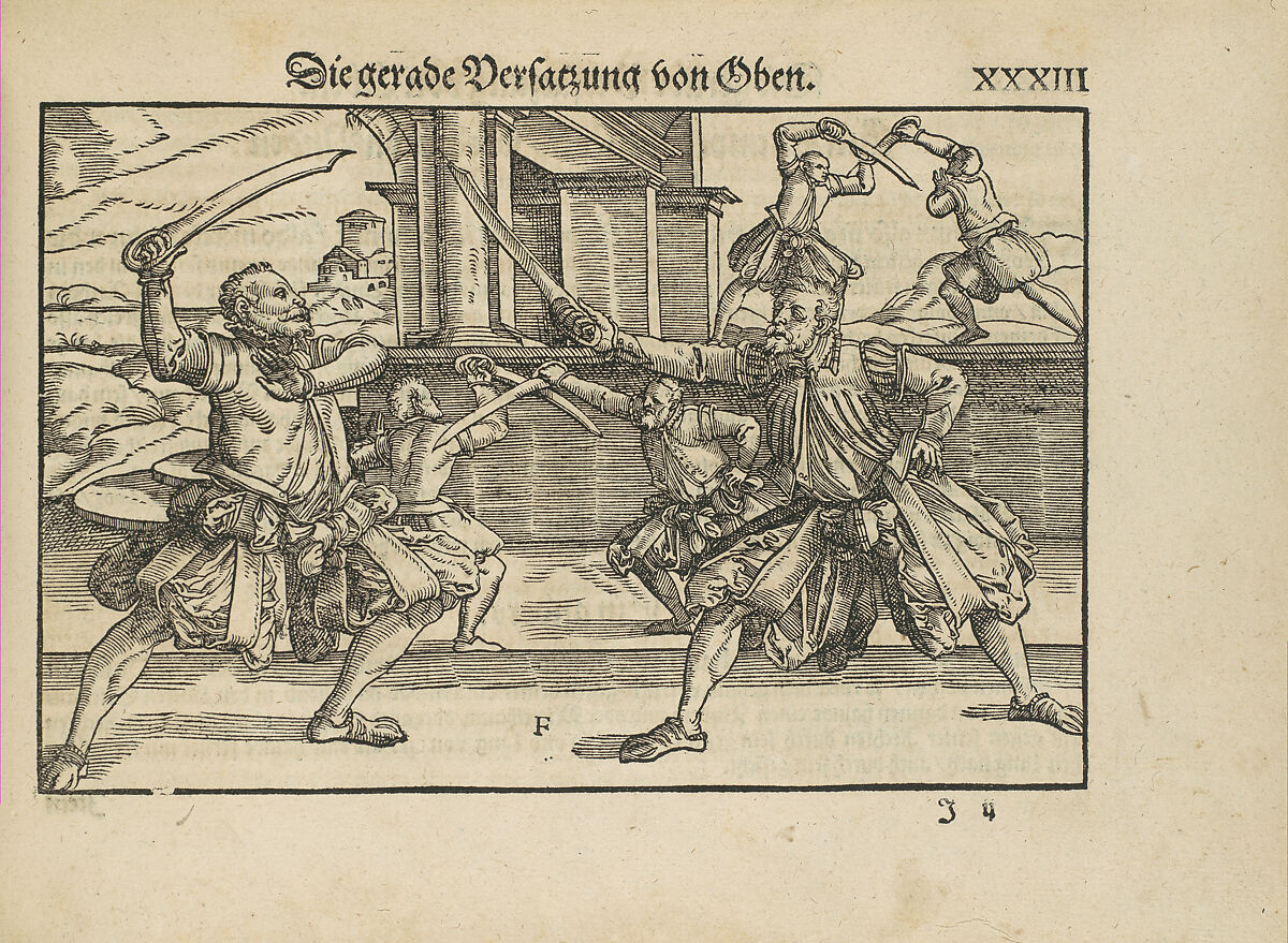 Gründtliche Beschreibung der freyen ritterlichen unnd adelichen Kunst des Fechtens in allerley gebreuchlichen Wehren mit vil schönen und nützlichen Figuren gezieret und fürgestellet (A Thorough Description of the Free Knightly and Noble Art of Fencing, in All the Typical Guards, Adorned and Arranged with Many Beautiful and Useful Figures), Joachim Meyer (German, active 16th–17th century), Ink, paper, German, Strasbourg