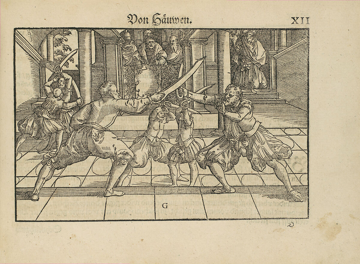 Gründtliche Beschreibung der freyen ritterlichen unnd adelichen Kunst des Fechtens in allerley gebreuchlichen Wehren mit vil schönen und nützlichen Figuren gezieret und fürgestellet (A Thorough Description of the Free Knightly and Noble Art of Fencing, in All the Typical Guards, Adorned and Arranged with Many Beautiful and Useful Figures), Joachim Meyer (German, active 16th–17th century), Ink, paper, German, Strasbourg