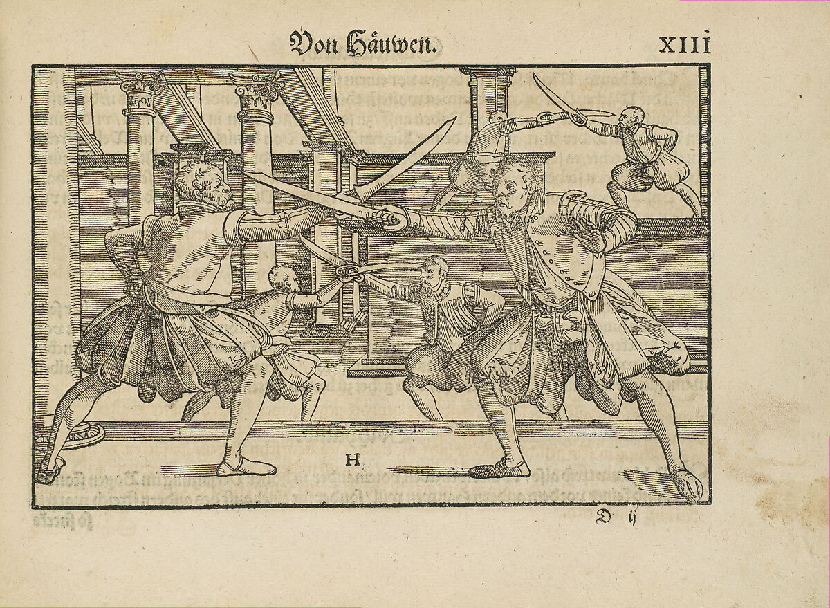 Gründtliche Beschreibung der freyen ritterlichen unnd adelichen Kunst des Fechtens in allerley gebreuchlichen Wehren mit vil schönen und nützlichen Figuren gezieret und fürgestellet (A Thorough Description of the Free Knightly and Noble Art of Fencing, in All the Typical Guards, Adorned and Arranged with Many Beautiful and Useful Figures), Joachim Meyer (German, active 16th–17th century), Ink, paper, German, Strasbourg