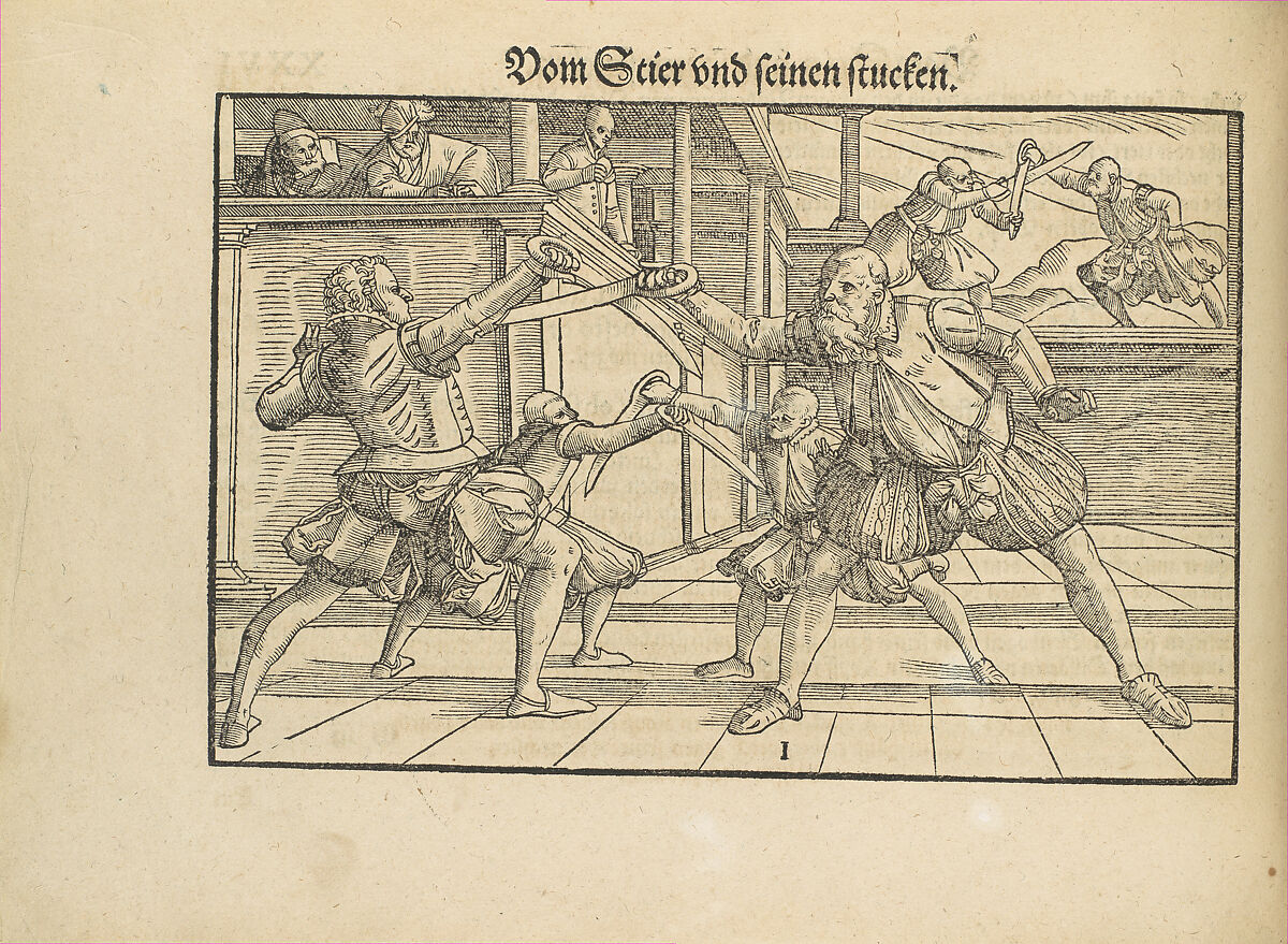 Gründtliche Beschreibung der freyen ritterlichen unnd adelichen Kunst des Fechtens in allerley gebreuchlichen Wehren mit vil schönen und nützlichen Figuren gezieret und fürgestellet (A Thorough Description of the Free Knightly and Noble Art of Fencing, in All the Typical Guards, Adorned and Arranged with Many Beautiful and Useful Figures), Joachim Meyer (German, active 16th–17th century), Ink, paper, German, Strasbourg