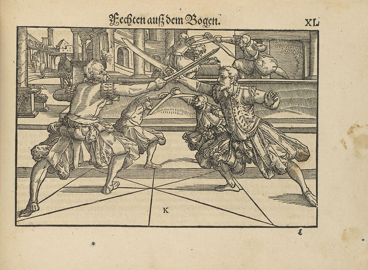 Gründtliche Beschreibung der freyen ritterlichen unnd adelichen Kunst des Fechtens in allerley gebreuchlichen Wehren mit vil schönen und nützlichen Figuren gezieret und fürgestellet (A Thorough Description of the Free Knightly and Noble Art of Fencing, in All the Typical Guards, Adorned and Arranged with Many Beautiful and Useful Figures), Joachim Meyer (German, active 16th–17th century), Ink, paper, German, Strasbourg