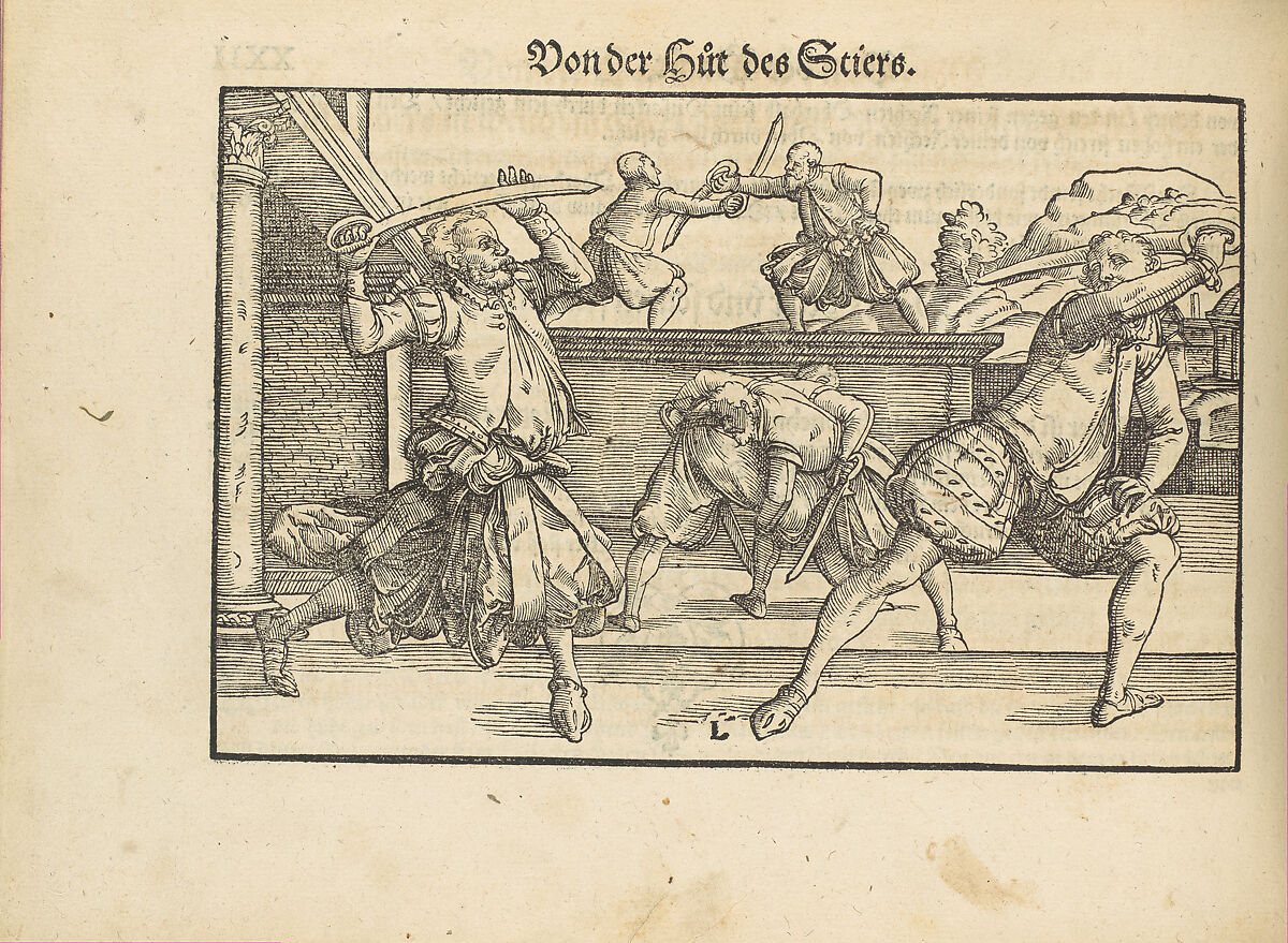 Gründtliche Beschreibung der freyen ritterlichen unnd adelichen Kunst des Fechtens in allerley gebreuchlichen Wehren mit vil schönen und nützlichen Figuren gezieret und fürgestellet (A Thorough Description of the Free Knightly and Noble Art of Fencing, in All the Typical Guards, Adorned and Arranged with Many Beautiful and Useful Figures), Joachim Meyer (German, active 16th–17th century), Ink, paper, German, Strasbourg