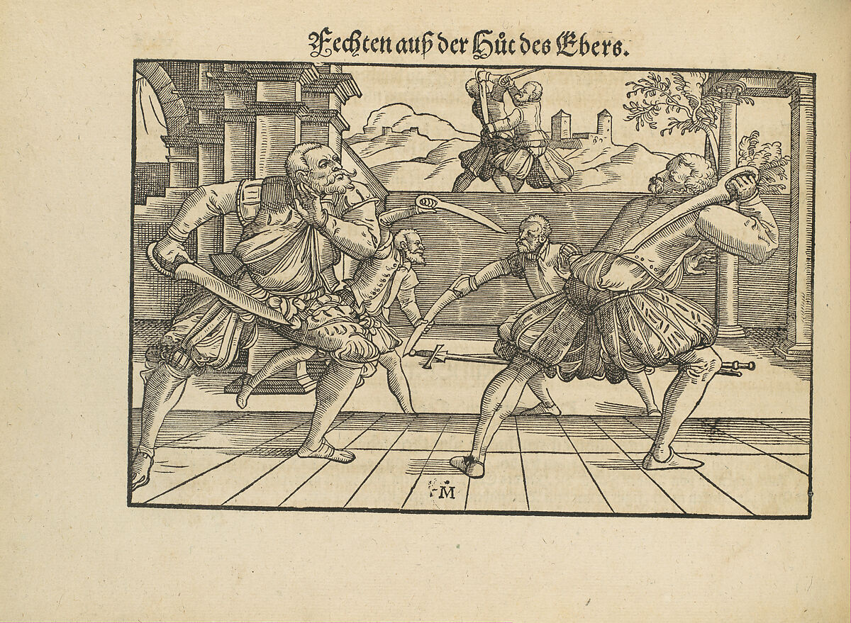 Gründtliche Beschreibung der freyen ritterlichen unnd adelichen Kunst des Fechtens in allerley gebreuchlichen Wehren mit vil schönen und nützlichen Figuren gezieret und fürgestellet (A Thorough Description of the Free Knightly and Noble Art of Fencing, in All the Typical Guards, Adorned and Arranged with Many Beautiful and Useful Figures), Joachim Meyer (German, active 16th–17th century), Ink, paper, German, Strasbourg