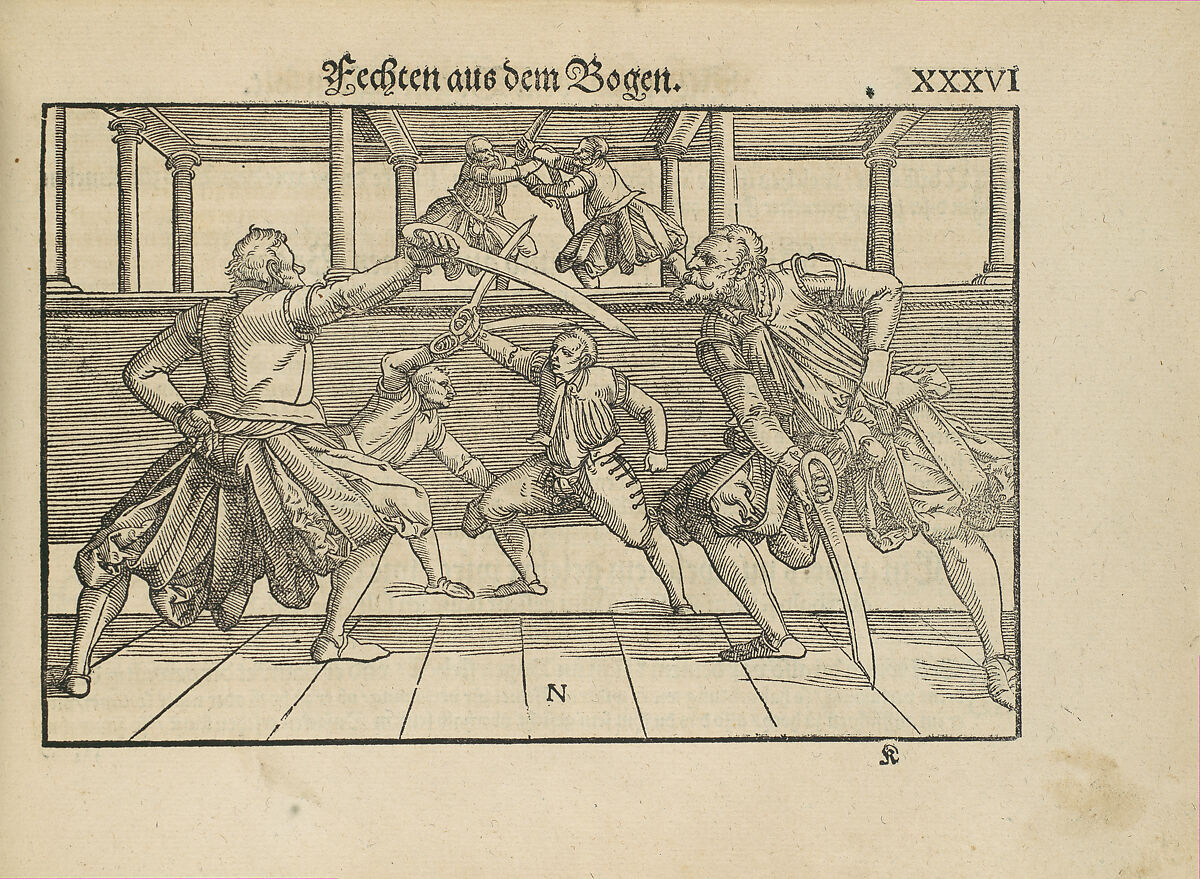 Gründtliche Beschreibung der freyen ritterlichen unnd adelichen Kunst des Fechtens in allerley gebreuchlichen Wehren mit vil schönen und nützlichen Figuren gezieret und fürgestellet (A Thorough Description of the Free Knightly and Noble Art of Fencing, in All the Typical Guards, Adorned and Arranged with Many Beautiful and Useful Figures), Joachim Meyer (German, active 16th–17th century), Ink, paper, German, Strasbourg