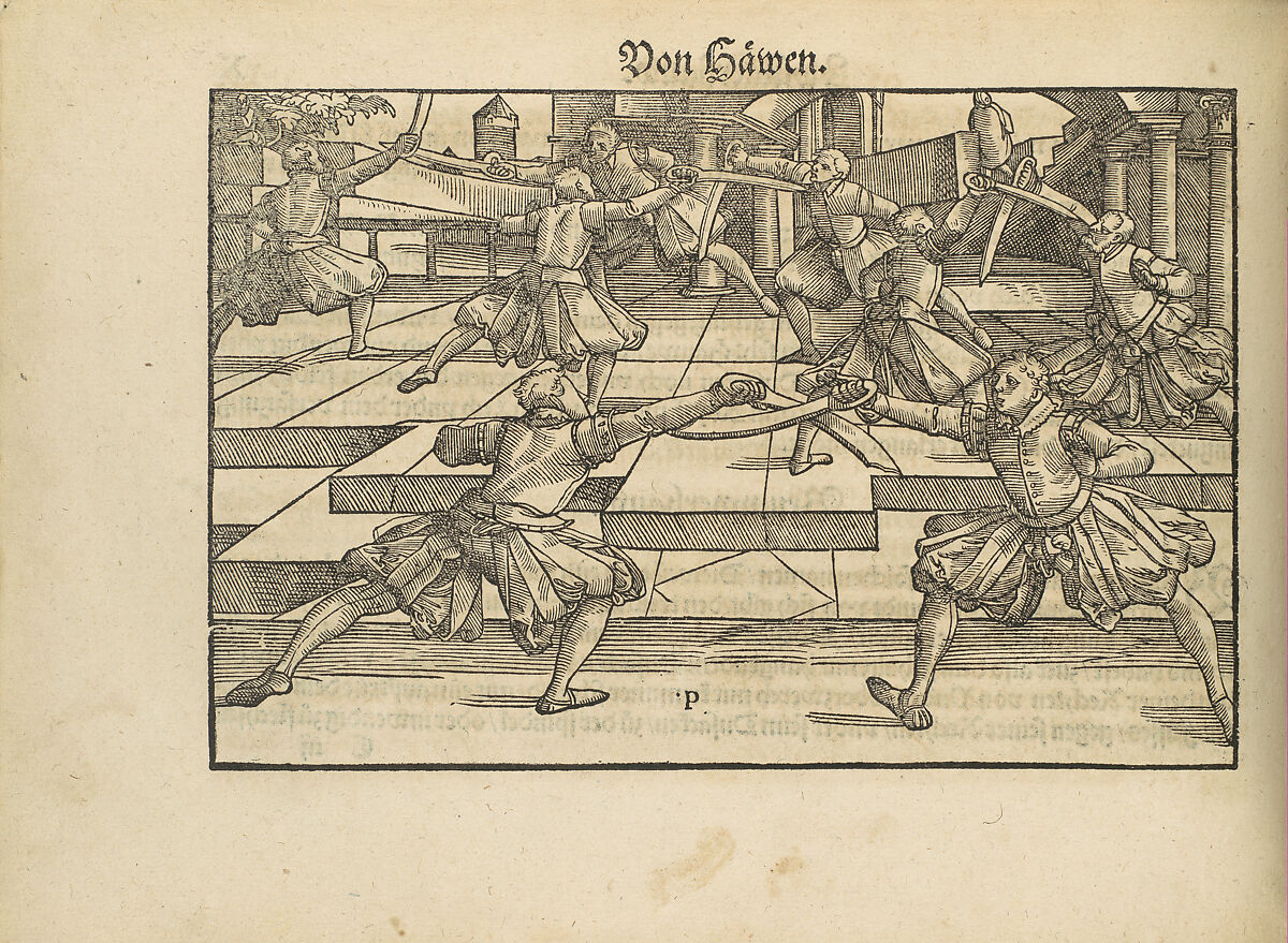 Gründtliche Beschreibung der freyen ritterlichen unnd adelichen Kunst des Fechtens in allerley gebreuchlichen Wehren mit vil schönen und nützlichen Figuren gezieret und fürgestellet (A Thorough Description of the Free Knightly and Noble Art of Fencing, in All the Typical Guards, Adorned and Arranged with Many Beautiful and Useful Figures), Joachim Meyer (German, active 16th–17th century), Ink, paper, German, Strasbourg