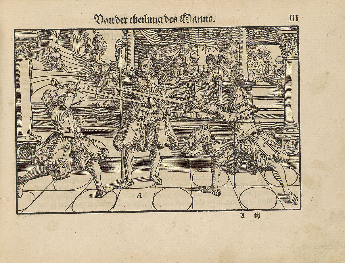 Gründtliche Beschreibung der freyen ritterlichen unnd adelichen Kunst des Fechtens in allerley gebreuchlichen Wehren mit vil schönen und nützlichen Figuren gezieret und fürgestellet (A Thorough Description of the Free Knightly and Noble Art of Fencing, in All the Typical Guards, Adorned and Arranged with Many Beautiful and Useful Figures), Joachim Meyer (German, active 16th–17th century), Ink, paper, German, Strasbourg