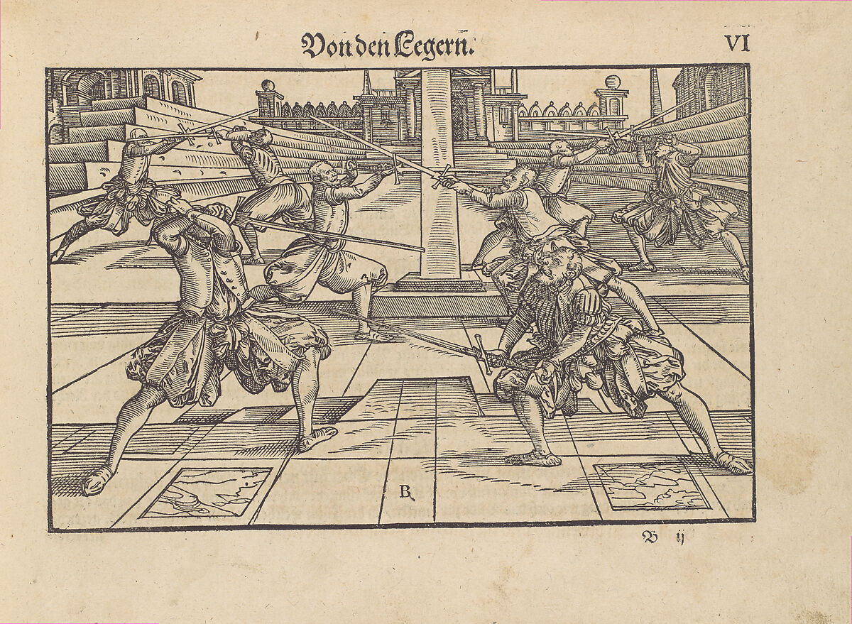 Gründtliche Beschreibung der freyen ritterlichen unnd adelichen Kunst des Fechtens in allerley gebreuchlichen Wehren mit vil schönen und nützlichen Figuren gezieret und fürgestellet (A Thorough Description of the Free Knightly and Noble Art of Fencing, in All the Typical Guards, Adorned and Arranged with Many Beautiful and Useful Figures), Joachim Meyer (German, active 16th–17th century), Ink, paper, German, Strasbourg